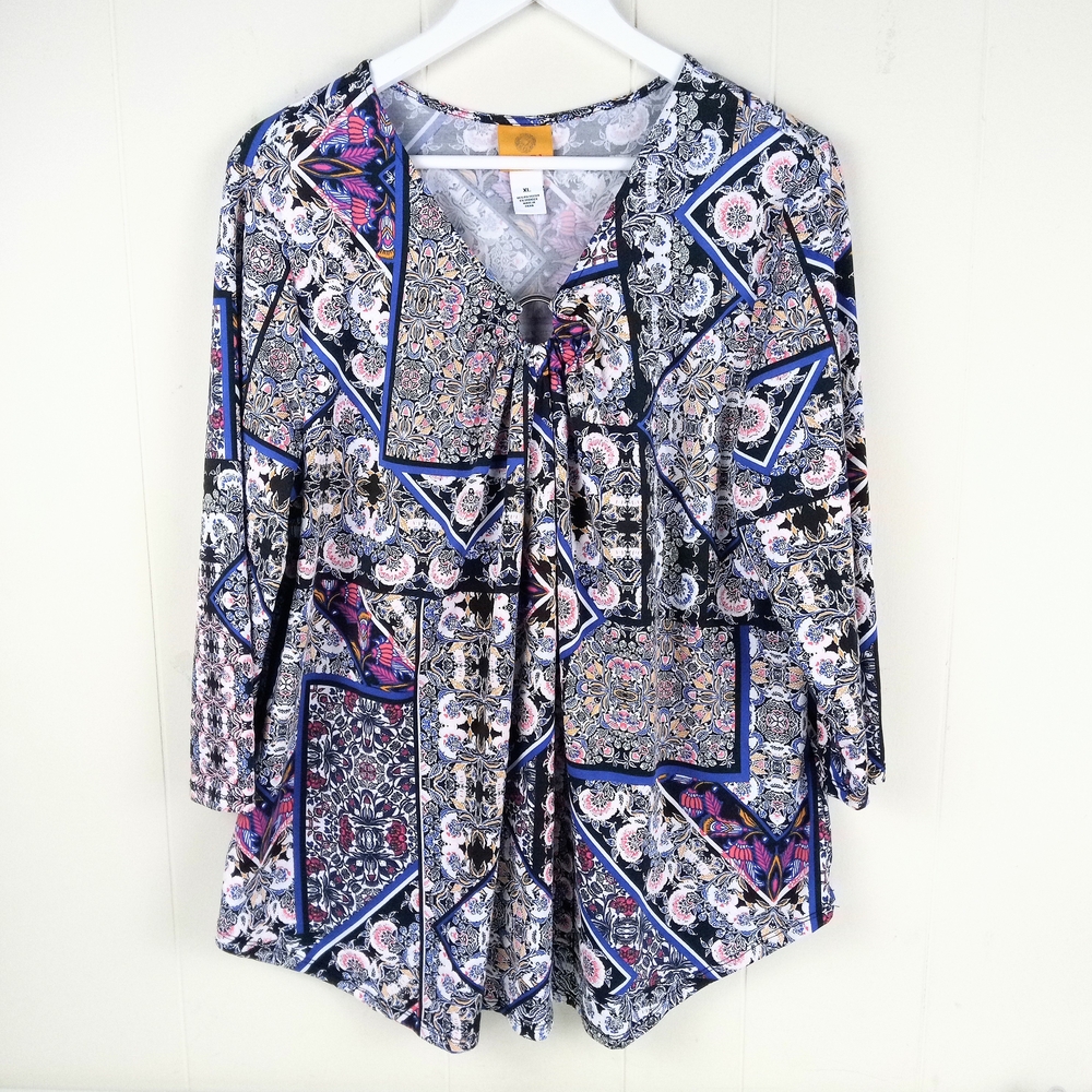 Ruby Rd Womens V-Neck Top Size XL Patchwork Multicolor 3/4 Sleeves Popover Tunic
